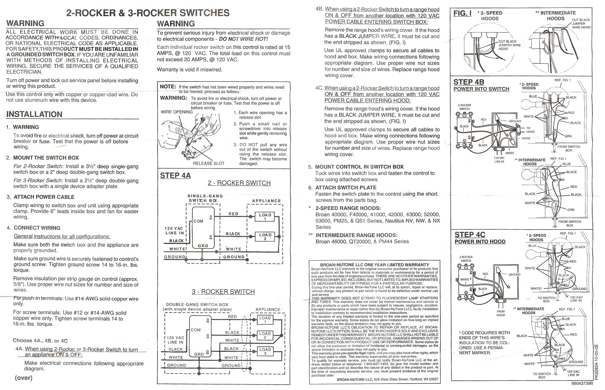 Broan P68W 2-Function Control Wall Switch