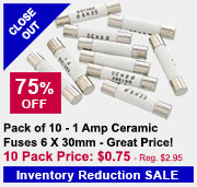 Pack of 10 - 1 Amp  Ceramic Fuses 6 X 30mm