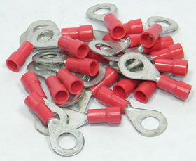 Ring Terminal, Red for 18-22AWG, 1/4in. Stud, 25Pcs.