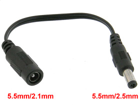 Adapter Cable, 5.5/2.5mm Plug to 5.5/2.1mm Jack