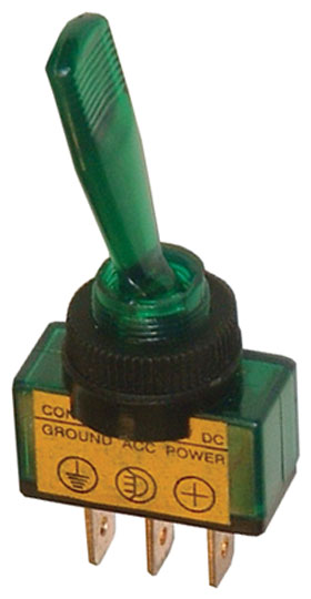 SPST 12VDC Automotive Full Size Toggle Switch, Lighted, Green